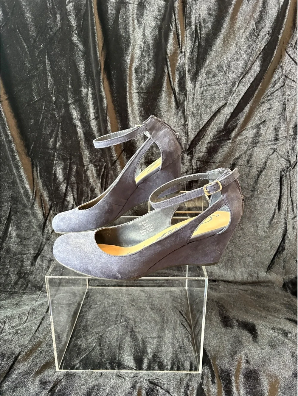 American Rag Gray Suede Ankle Strap Wedge Heels with Back Zipper